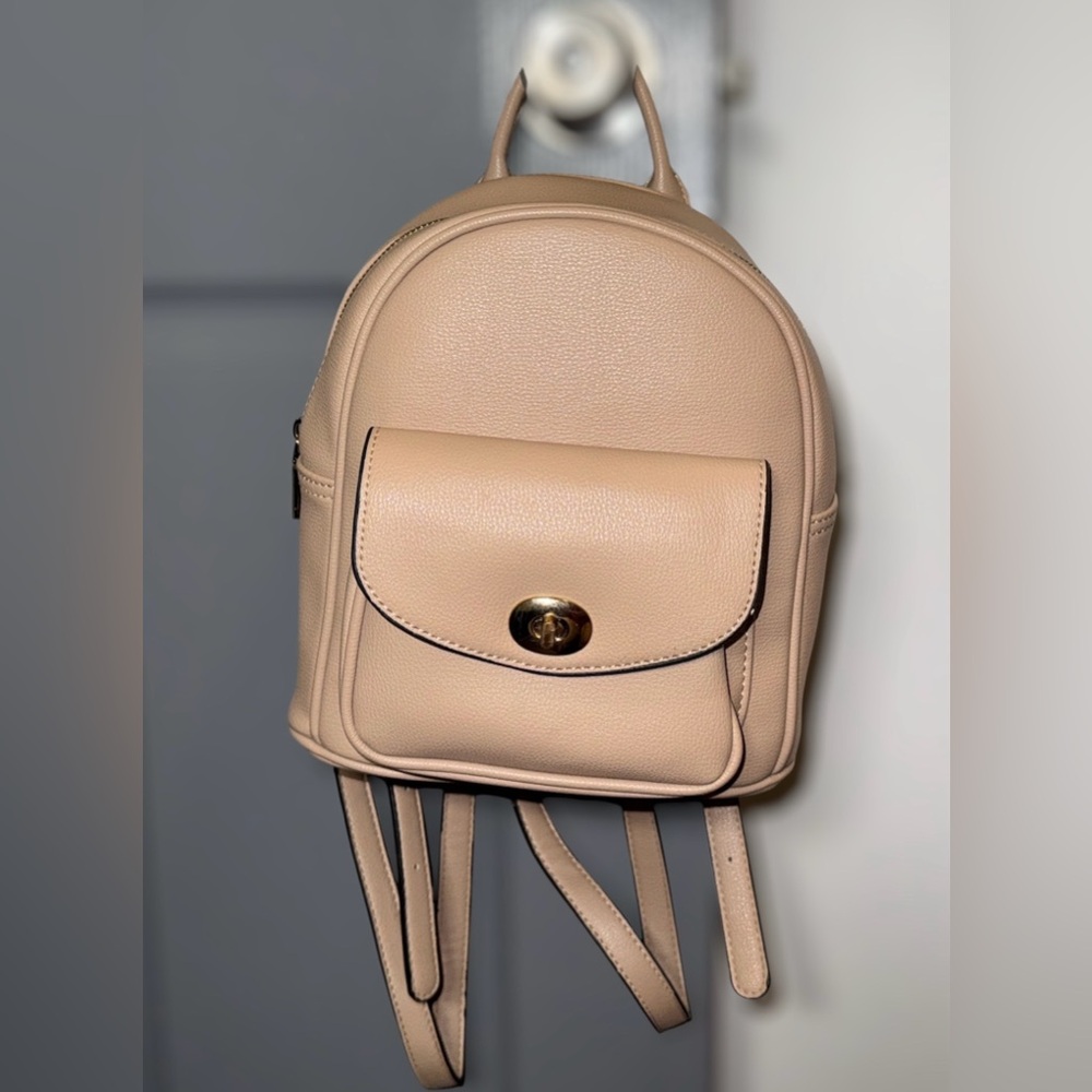 Blush Faux Leather Mini Backpack – Turn Lock‎ Front Pocket